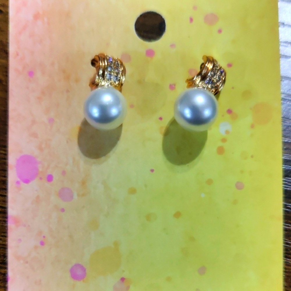 🌷gold Rhinestone And Pearl Post Earrings